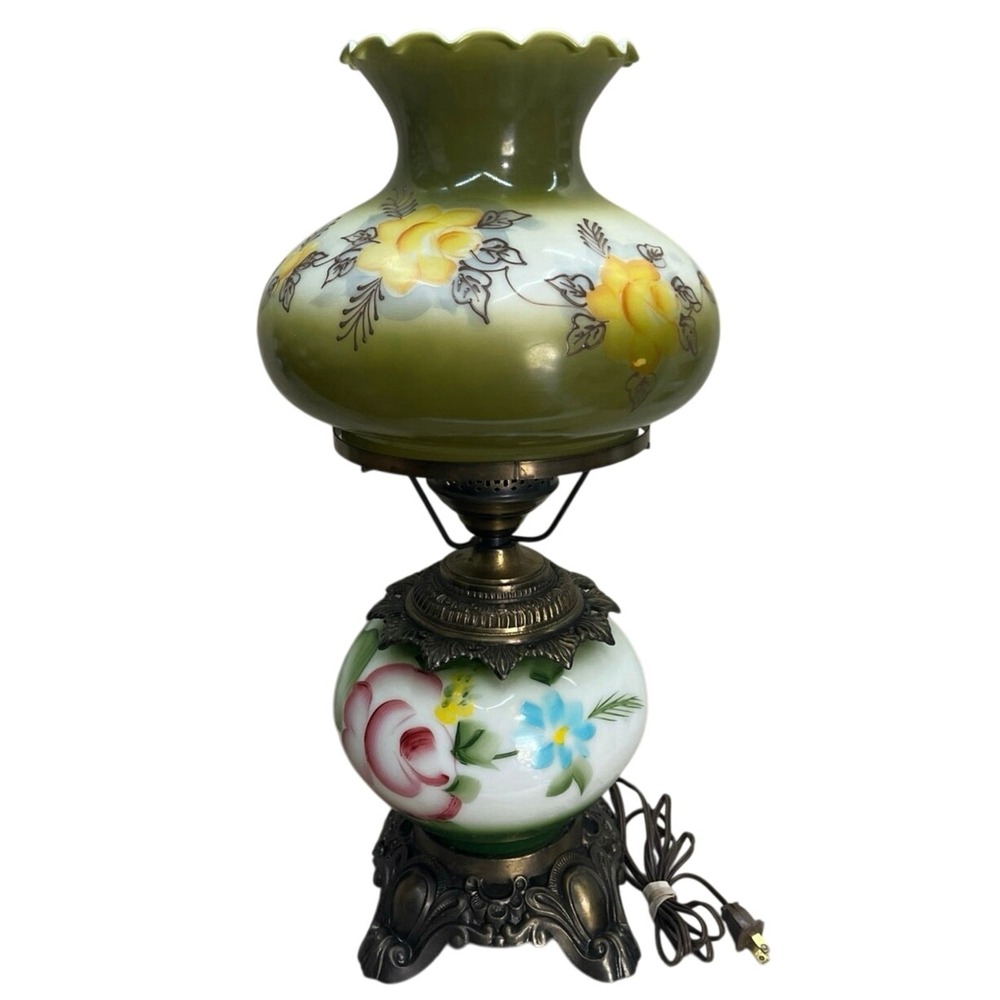 Vintage Green Floral Hurricane Lamp 3-Way Turn Key‎ 21inches